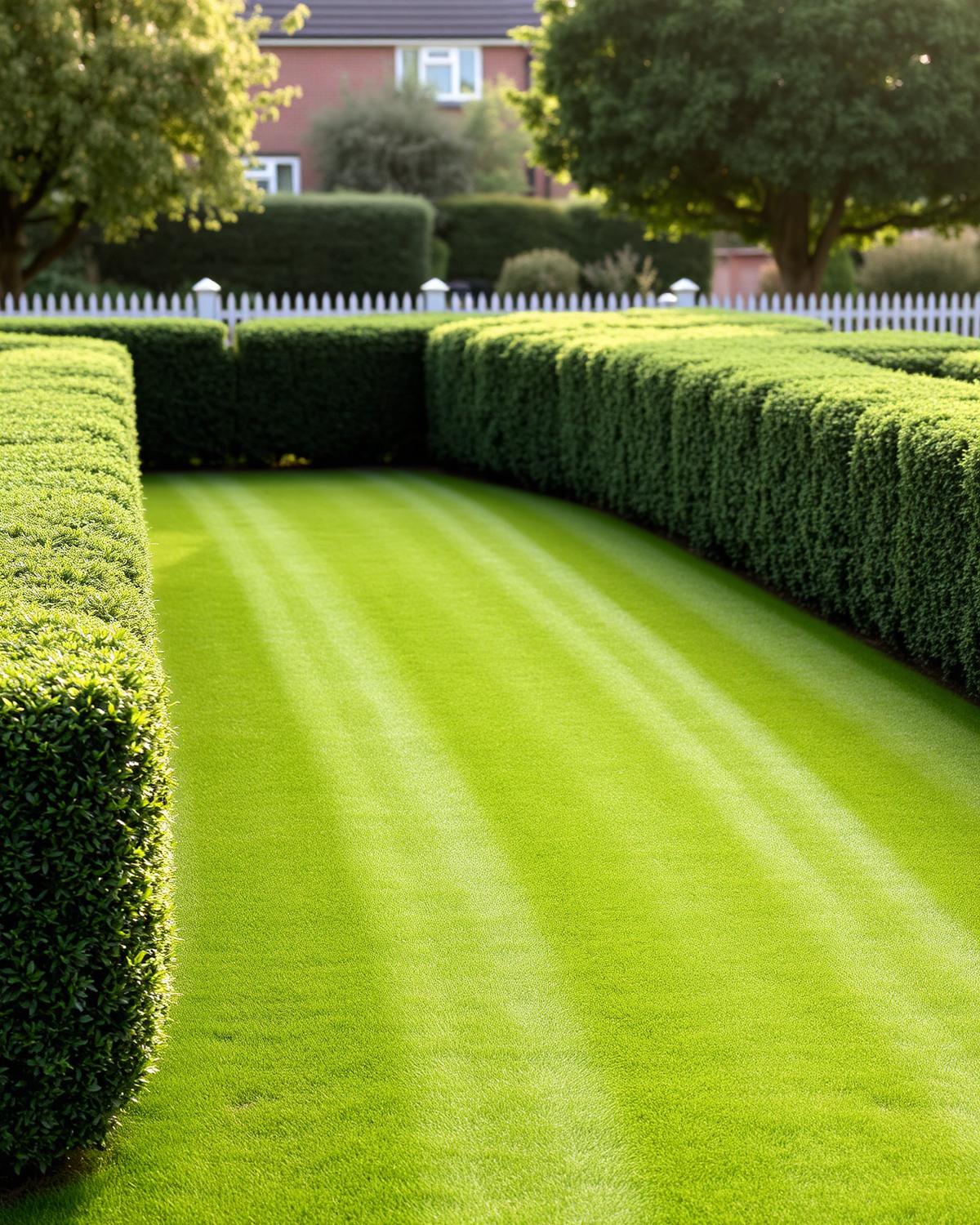 A striped English lawn with neatly trimmed hedges in a Kent garden